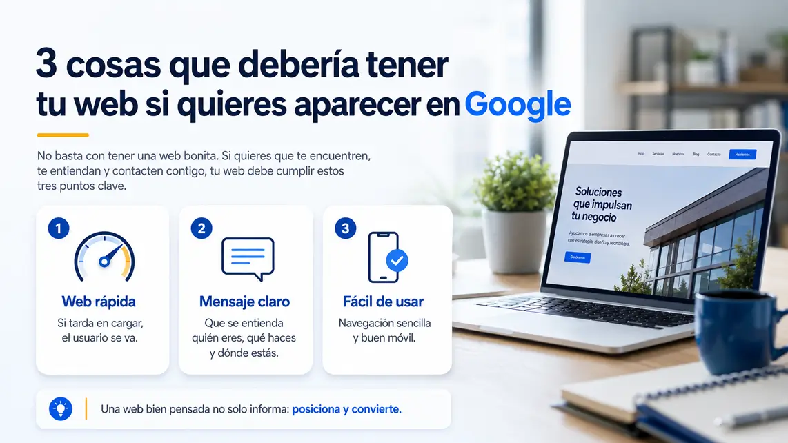 Ilustraci&oacute;n en estilo flat que muestra tres elementos clave para mejorar la visibilidad de una web en Google: SEO local, una web r&aacute;pida y contenidos adecuados.