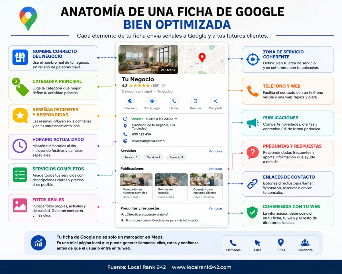 Infografía sobre las partes de una ficha de Google Business Profile optimizada para SEO local: categoría, reseñas, horario, servicios, fotos, zona de servicio, web y llamadas.