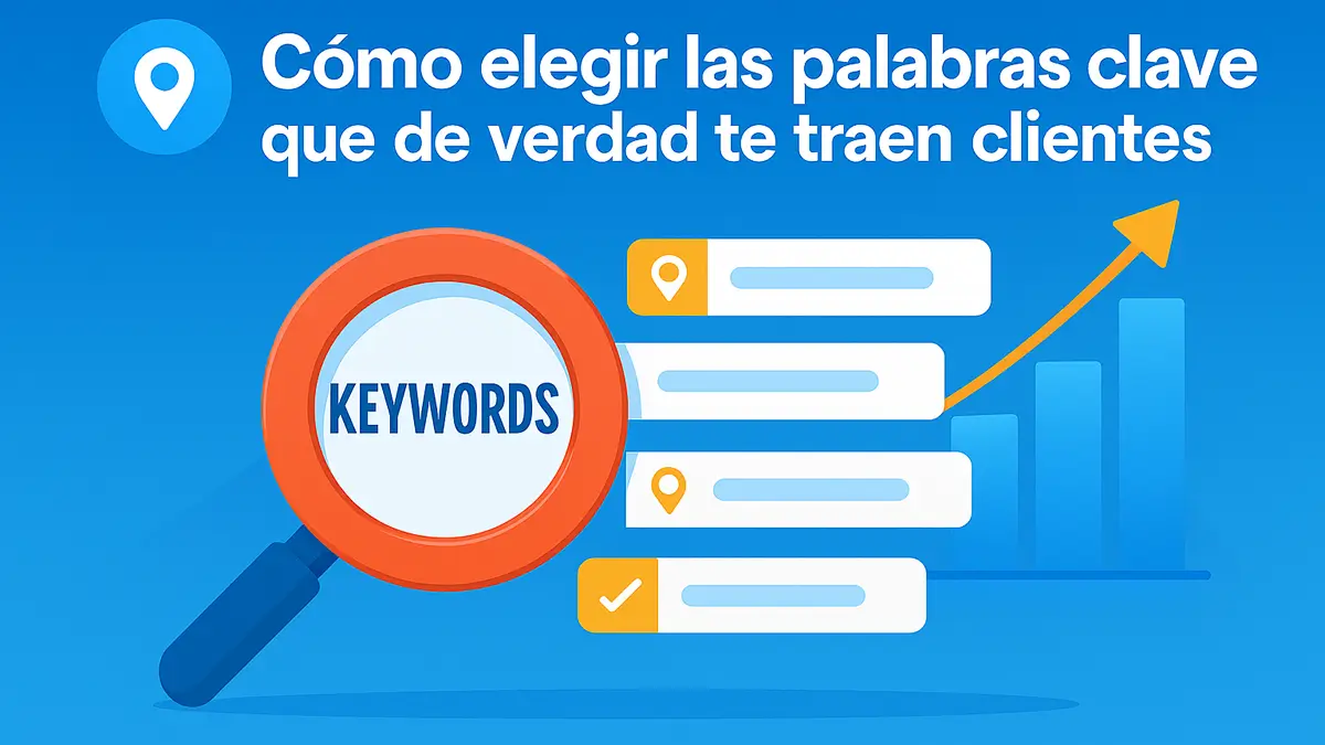 Portada del art&iacute;culo sobre c&oacute;mo elegir palabras clave que atraen clientes, con dise&ntilde;o plano, barra de b&uacute;squeda y etiquetas como 'comprar' o 'cerca de m&iacute;'