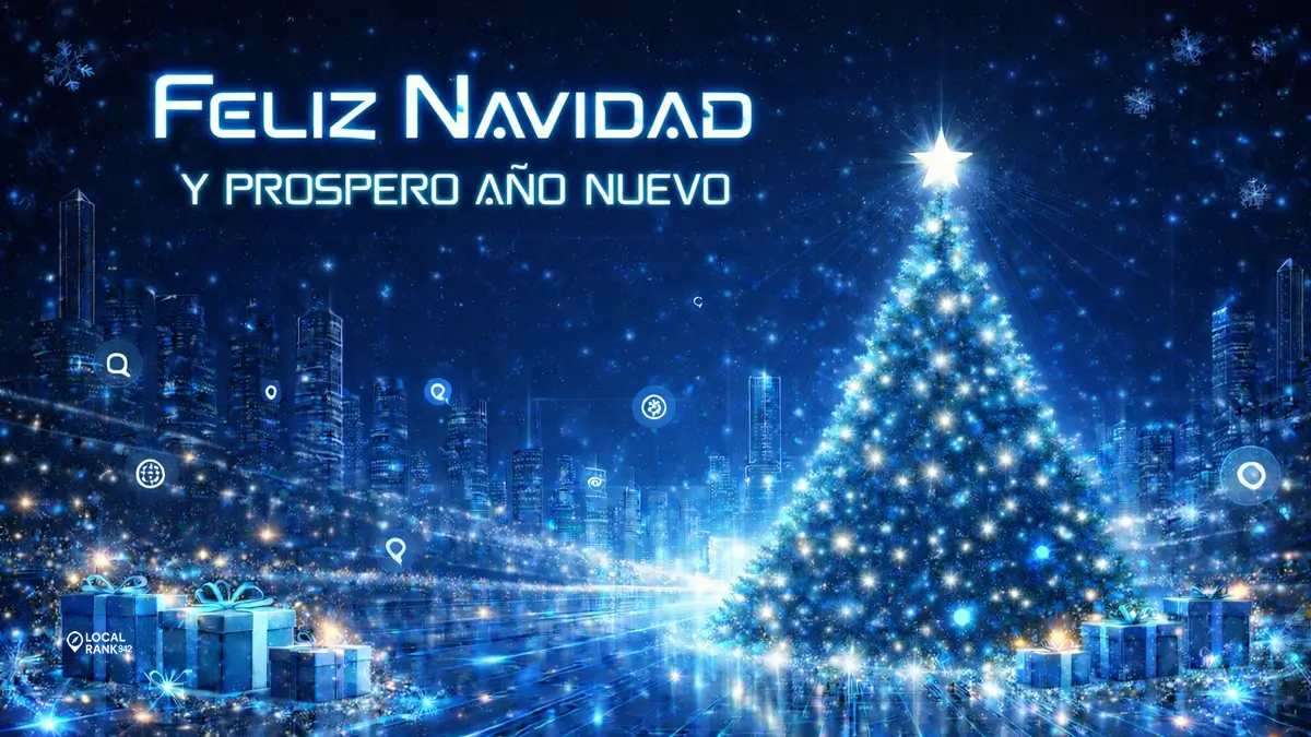 Tarjeta navide&ntilde;a azul con &ldquo;Feliz Navidad y pr&oacute;spero a&ntilde;o nuevo&rdquo;, &aacute;rbol luminoso y ciudad futurista; Local Rank 942.