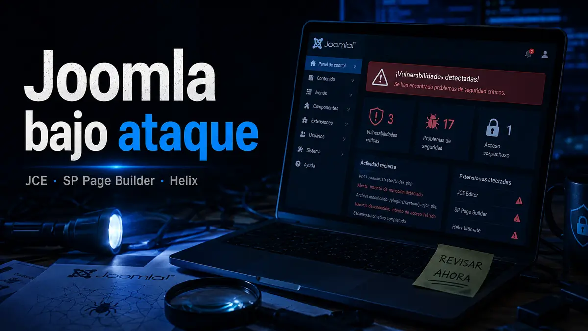 Port&aacute;til con alertas de seguridad y el texto &laquo;Joomla bajo ataque&raquo; junto a JCE, SP Page Builder y Helix.